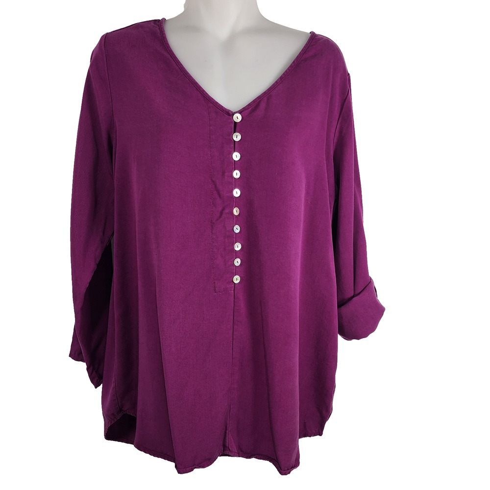 Soft Surrounding Sardinia Tunic Blouse Tencel Roll Tab Sleeve V Neck Plum Small